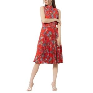 Nanette Lepore Red Floral Print Smoke Pleated Sleeveless Lined Midi Dress 14